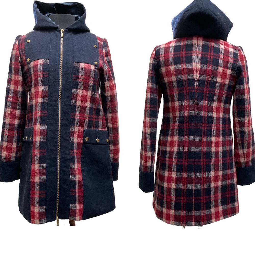 Plaid Hooded Wool Coat - Navy & Red